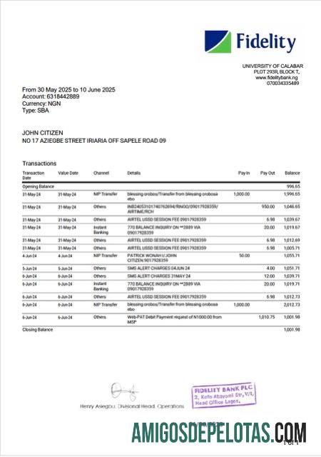 Modelo realista de extrato bancário Fidelity da Nigéria em Word e PDF, versão 2